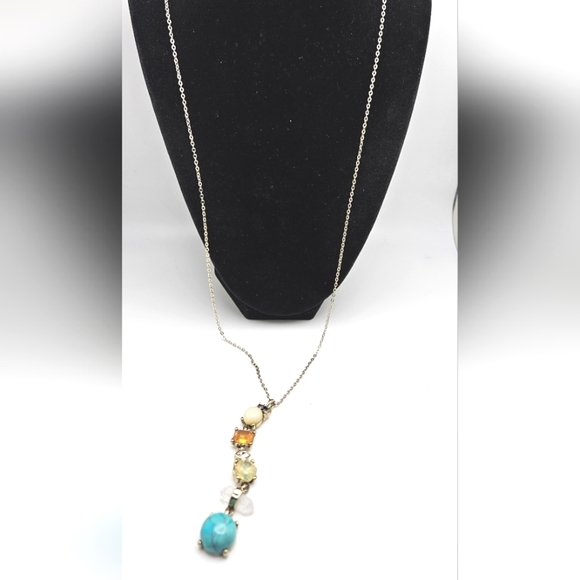 ๐ข3/$19๐ข LOFT Long Gemstone Necklace Gold Tone Real Quartz Faux Turquoise - Picture 2 of 7